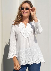 White tops,Plain Color tops,ROTITA Lace Stitching Split Neck White Hollow Embroidery Blouse