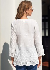 White tops,Plain Color tops,ROTITA Lace Stitching Split Neck White Hollow Embroidery Blouse