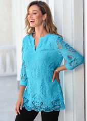 Light Blue tops,Plain Color tops,ROTITA Sky Blue Lace Split Neck 3/4 Sleeve Blouse