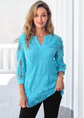 Light Blue tops,Plain Color tops,ROTITA Sky Blue Lace Split Neck 3/4 Sleeve Blouse
