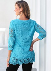 Light Blue tops,Plain Color tops,ROTITA Sky Blue Lace Split Neck 3/4 Sleeve Blouse