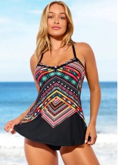 Multi Color Tribal Print Cross Strap Tankini Set