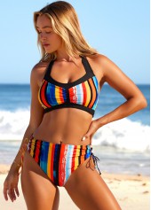 Rainbow Color swimwear,Striped swimwear,ROTITA Rainbow Stripe Halter Mid Waist Bikini Set