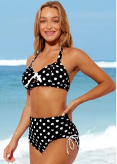 Black swimwear,Dot swimwear,ROTITA Polka Dot Halter High Waisted Black Bikini Set