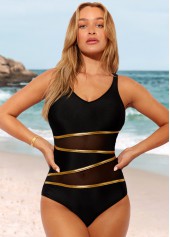Black swimwear,Contrast Color swimwear,ROTITA Contrast Mesh Stitching Black One Piece Swimwear