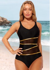 Black swimwear,Contrast Color swimwear,ROTITA Contrast Mesh Stitching Black One Piece Swimwear