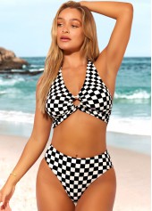 Plaid swimwear,ROTITA Color Block Checkered Print High Waisted Bikini Set