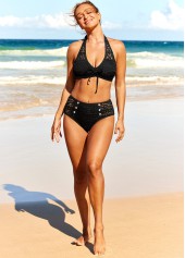 Black swimwear,Plain Color swimwear,ROTITA Lace Patchwork Decorative Button Black Bikini Set