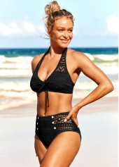 Black swimwear,Plain Color swimwear,ROTITA Lace Patchwork Decorative Button Black Bikini Set