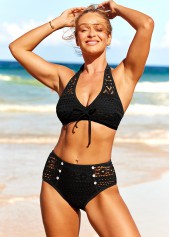 Black swimwear,Plain Color swimwear,ROTITA Lace Patchwork Decorative Button Black Bikini Set