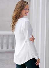 White tops,Plain Color tops,ROTITA Lace Stitching White Split Neck Blouse