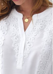White tops,Plain Color tops,ROTITA Lace Stitching White Split Neck Blouse