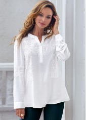 White tops,Plain Color tops,ROTITA Lace Stitching White Split Neck Blouse