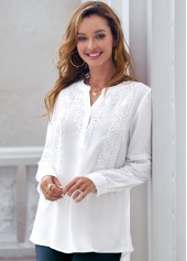 ROTITA Lace Stitching White Split Neck Blouse