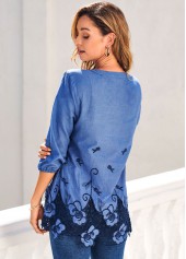Denim Blue tops,Floral tops,ROTITA Split Neck Embroidered Denim Blue Blouse