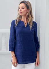 Navy tops,Plain Color tops,ROTITA Navy Blue Embroidered Split Neck Blouse