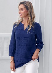 Navy tops,Plain Color tops,ROTITA Navy Blue Embroidered Split Neck Blouse