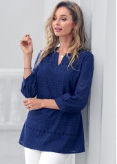 Navy tops,Plain Color tops,ROTITA Navy Blue Embroidered Split Neck Blouse