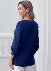Navy tops,Plain Color tops,ROTITA Navy Blue Embroidered Split Neck Blouse
