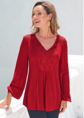 Red tops,Plain Color tops,ROTITA Red Lace Stitching Long Sleeve T Shirt