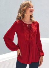 Red tops,Plain Color tops,ROTITA Red Lace Stitching Long Sleeve T Shirt