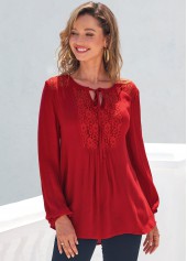 Red tops,Plain Color tops,ROTITA Red Lace Stitching Long Sleeve T Shirt