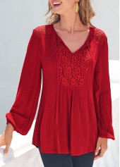 ROTITA Red Lace Stitching Long Sleeve T Shirt