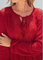 Red tops,Plain Color tops,ROTITA Red Lace Stitching Long Sleeve T Shirt
