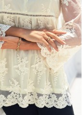 Beige tops,Plain Color tops,ROTITA Mesh Embroidered 3/4 Sleeve Beige Blouse