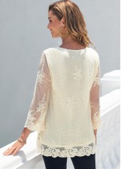 Beige tops,Plain Color tops,ROTITA Mesh Embroidered 3/4 Sleeve Beige Blouse