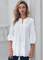 White tops,Plain Color tops,ROTITA Hollow Out Embroidered Split Neck White Blouse