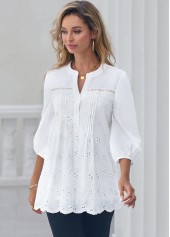White tops,Plain Color tops,ROTITA Hollow Out Embroidered Split Neck White Blouse