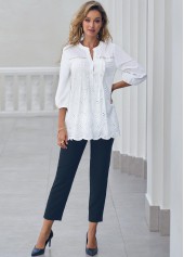 White tops,Plain Color tops,ROTITA Hollow Out Embroidered Split Neck White Blouse