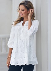 White tops,Plain Color tops,ROTITA Hollow Out Embroidered Split Neck White Blouse