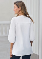 White tops,Plain Color tops,ROTITA Hollow Out Embroidered Split Neck White Blouse