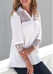 White tops,Plain Color tops,ROTITA White Lace Patchwork Turndown Collar 3/4 Sleeve Blouse