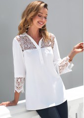 White tops,Plain Color tops,ROTITA White Lace Patchwork Turndown Collar 3/4 Sleeve Blouse
