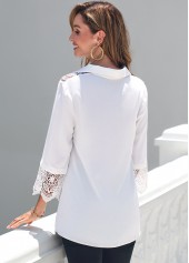 White tops,Plain Color tops,ROTITA White Lace Patchwork Turndown Collar 3/4 Sleeve Blouse