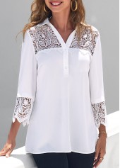 ROTITA White Lace Patchwork Turndown Collar 3/4 Sleeve Blouse