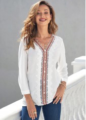 White tops,Contrast Color tops,ROTITA Lace Stitching 3/4 Sleeve White Blouse