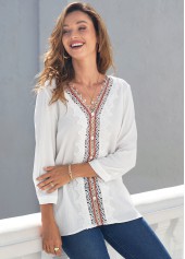 White tops,Contrast Color tops,ROTITA Lace Stitching 3/4 Sleeve White Blouse