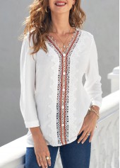 ROTITA Lace Stitching 3/4 Sleeve White Blouse