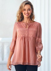 Orange tops,Plain Color tops,ROTITA Tie Front Lace Stitching Coral Orange Blouse