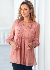 Orange tops,Plain Color tops,ROTITA Tie Front Lace Stitching Coral Orange Blouse