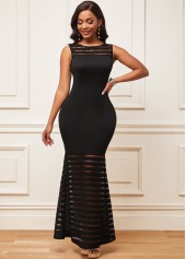 Black dresses,Plain Color dresses,ROTITA Sheer Black Mesh Stitching Mermaid Dress