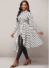 Multi Color tops,Striped tops,ROTITA Striped Asymmetric Hem Color Block Belted Blouse