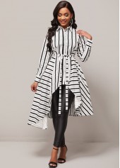 ROTITA Striped Asymmetric Hem Color Block Belted Blouse
