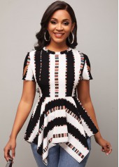 Multi Color tops,Striped tops,ROTITA Striped Asymmetric Hem Color Block Blouse