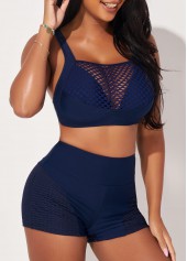 Plain Color swimwear,ROTITA High Waisted Fishnet Panel Navy Blue Bikini Set