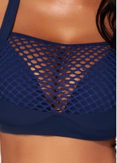 Plain Color swimwear,ROTITA High Waisted Fishnet Panel Navy Blue Bikini Set